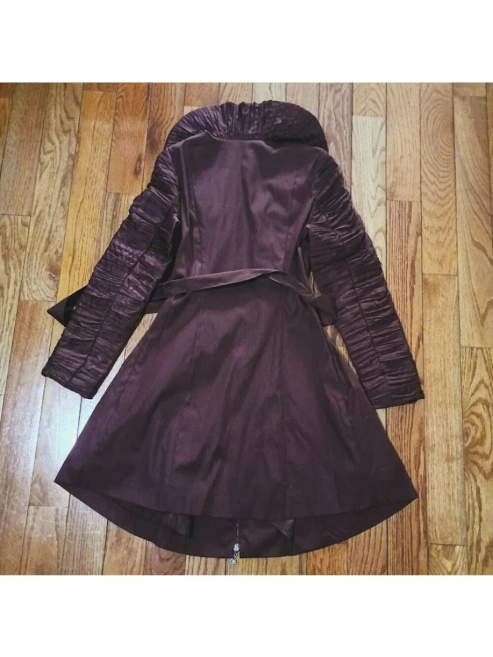 Samuel Dong Brown Ruched Long Sleeve Coat Dress With Belt High Collar & Full Ski - Picture 7 of 13